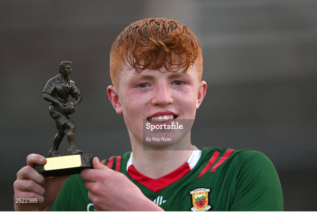 26 May 2023; Darragh Beirne of Mayo with the Electric Ireland Player of the Match award following his performance in the 2023 Electric Ireland Connacht GAA Football Minor Championship Final between Galway and Mayo at Tuam Stadium in Galway. Photo by Ray Ryan/Sportsfile