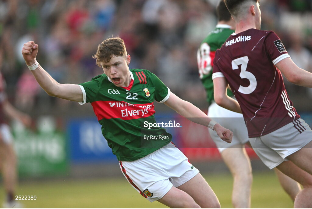 26 May 2023; Thomas Tuffy of Mayo celebrates after scoring his side's second goal during the 2023 Electric Ireland Connacht GAA Football Minor Championship Final between Galway and Mayo at Tuam Stadium in Galway. Photo by Ray Ryan/Sportsfile