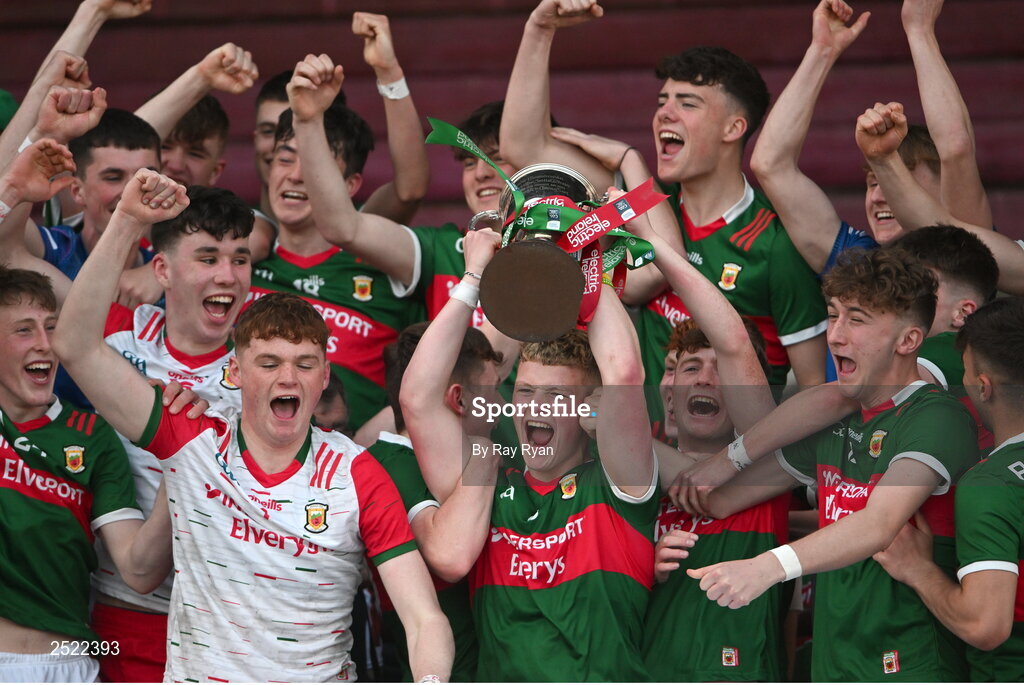 26 May 2023; Mayo captain Rio Mortimer lifts the cup alongside his teammates after the 2023 Electric Ireland Connacht GAA Football Minor Championship Final between Galway and Mayo at Tuam Stadium in Galway. Photo by Ray Ryan/Sportsfile