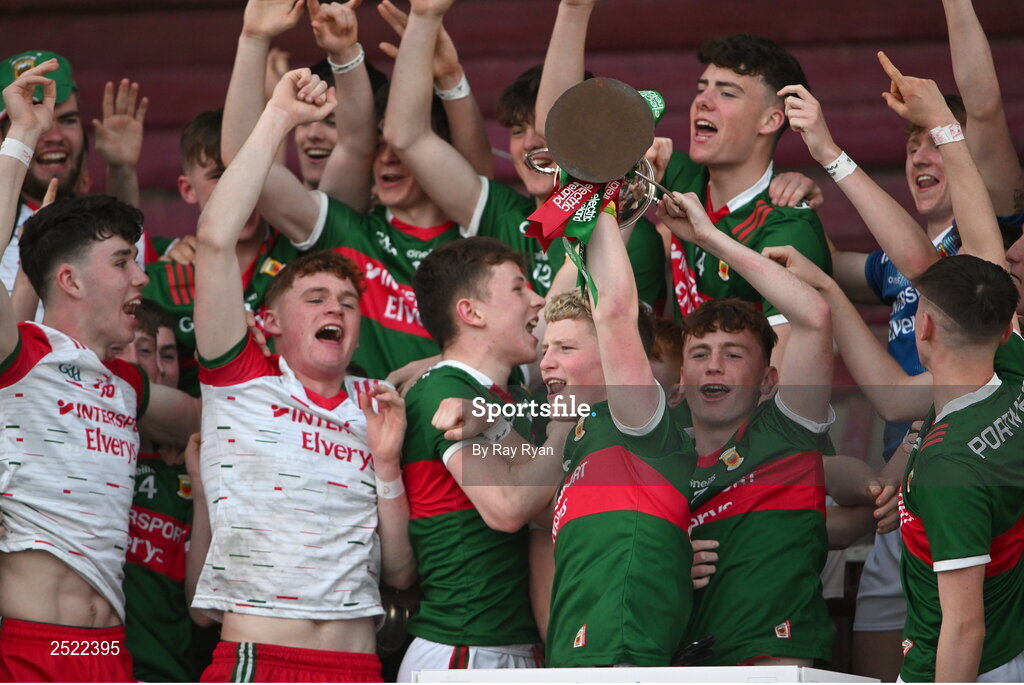 26 May 2023; Mayo captain Rio Mortimer lifts the cup alongside his teammates after the 2023 Electric Ireland Connacht GAA Football Minor Championship Final between Galway and Mayo at Tuam Stadium in Galway. Photo by Ray Ryan/Sportsfile