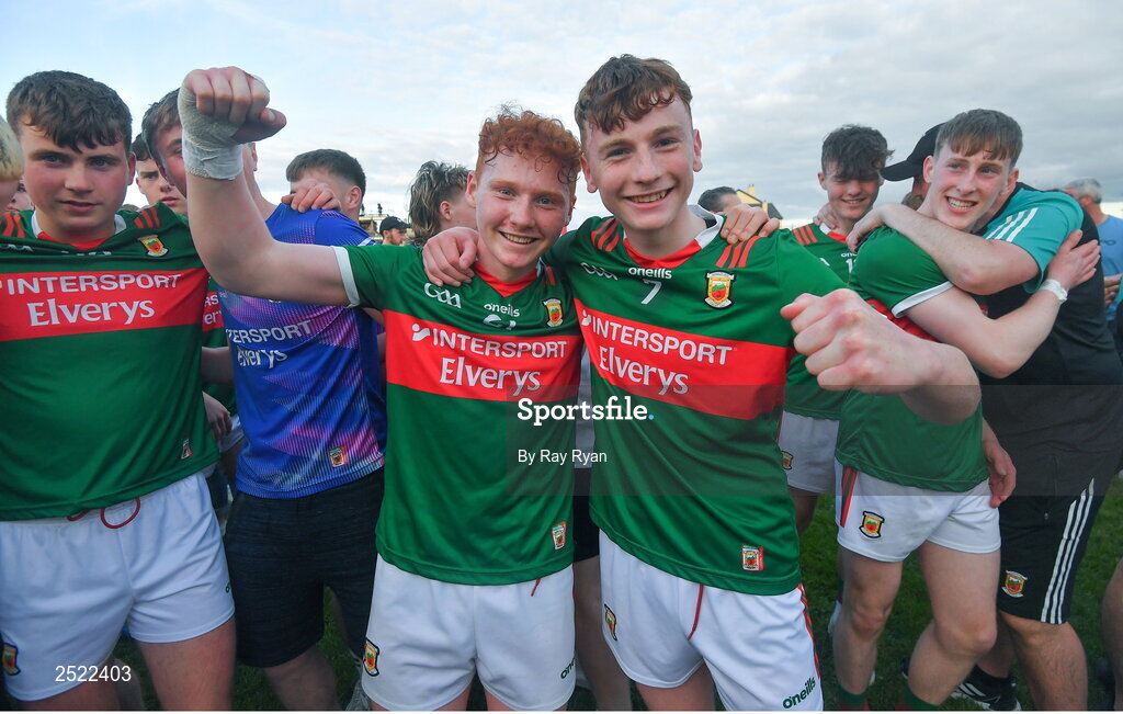 26 May 2023; Thomas Tuffy, left, and Fionan O'Reilly of Mayo celebrate after the 2023 Electric Ireland Connacht GAA Football Minor Championship Final between Galway and Mayo at Tuam Stadium in Galway. Photo by Ray Ryan/Sportsfile
