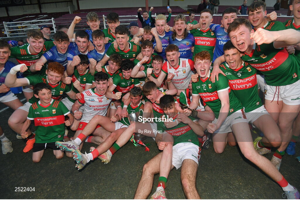 26 May 2023; Mayo players celebrate after the 2023 Electric Ireland Connacht GAA Football Minor Championship Final between Galway and Mayo at Tuam Stadium in Galway. Photo by Ray Ryan/Sportsfile