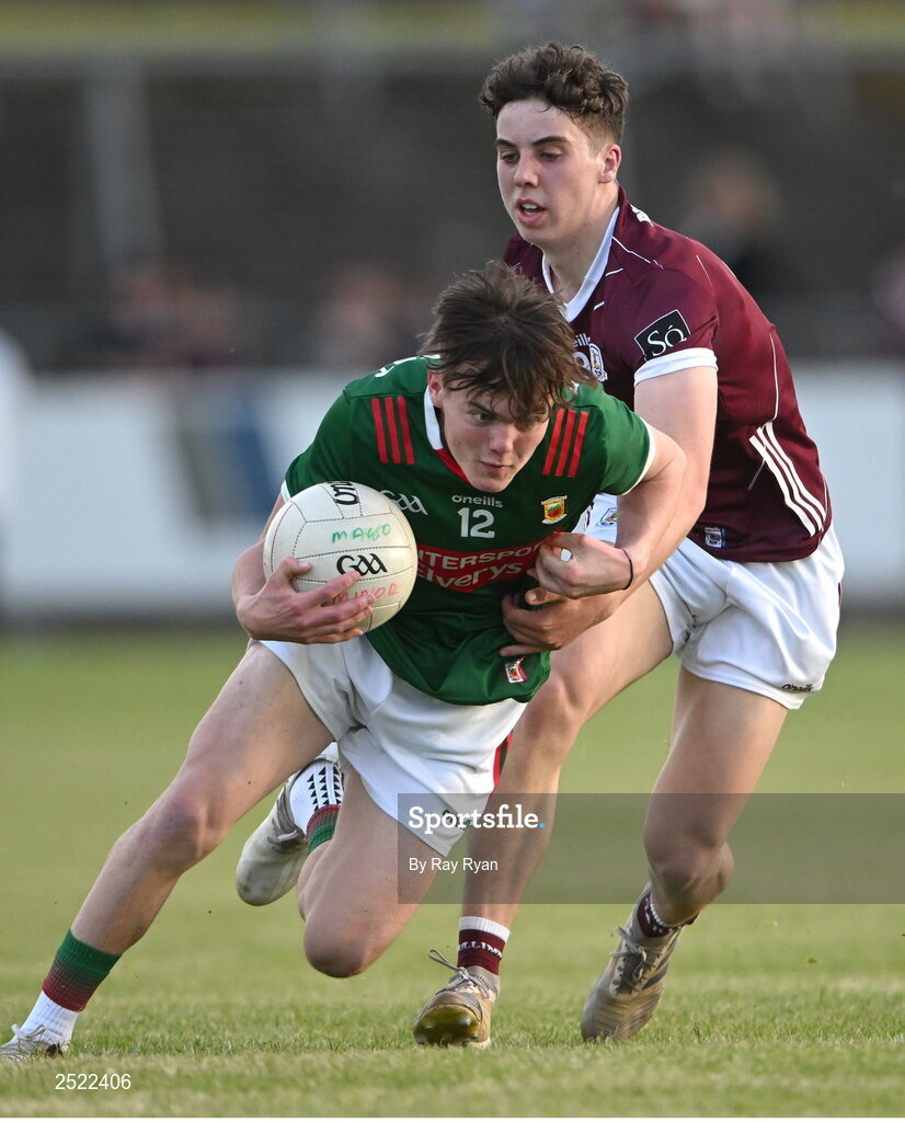 26 May 2023; Dara Neary of Mayo in action against Olan Kelly of Galway during the 2023 Electric Ireland Connacht GAA Football Minor Championship Final between Galway and Mayo at Tuam Stadium in Galway. Photo by Ray Ryan/Sportsfile