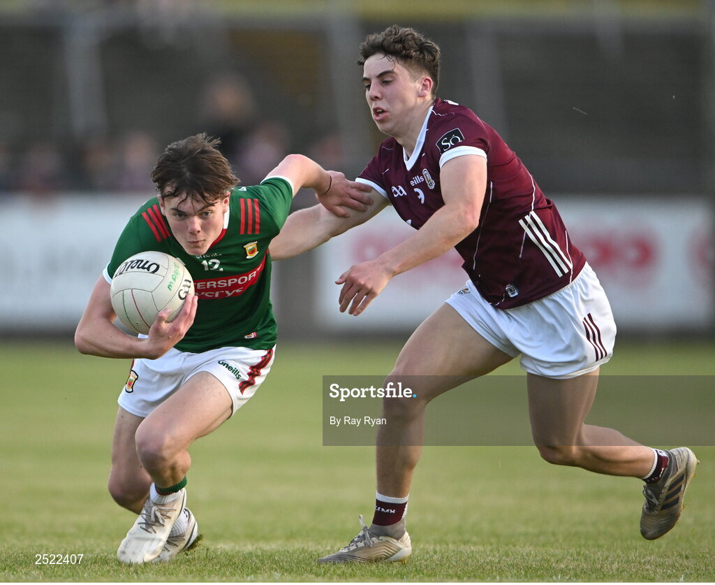 26 May 2023; Dara Neary of Mayo in action against Olan Kelly of Galway during the 2023 Electric Ireland Connacht GAA Football Minor Championship Final between Galway and Mayo at Tuam Stadium in Galway. Photo by Ray Ryan/Sportsfile