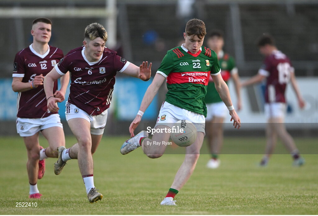 26 May 2023; Thomas Tuffy of Mayo in action against Ross Coen of Galway during the 2023 Electric Ireland Connacht GAA Football Minor Championship Final between Galway and Mayo at Tuam Stadium in Galway. Photo by Ray Ryan/Sportsfile