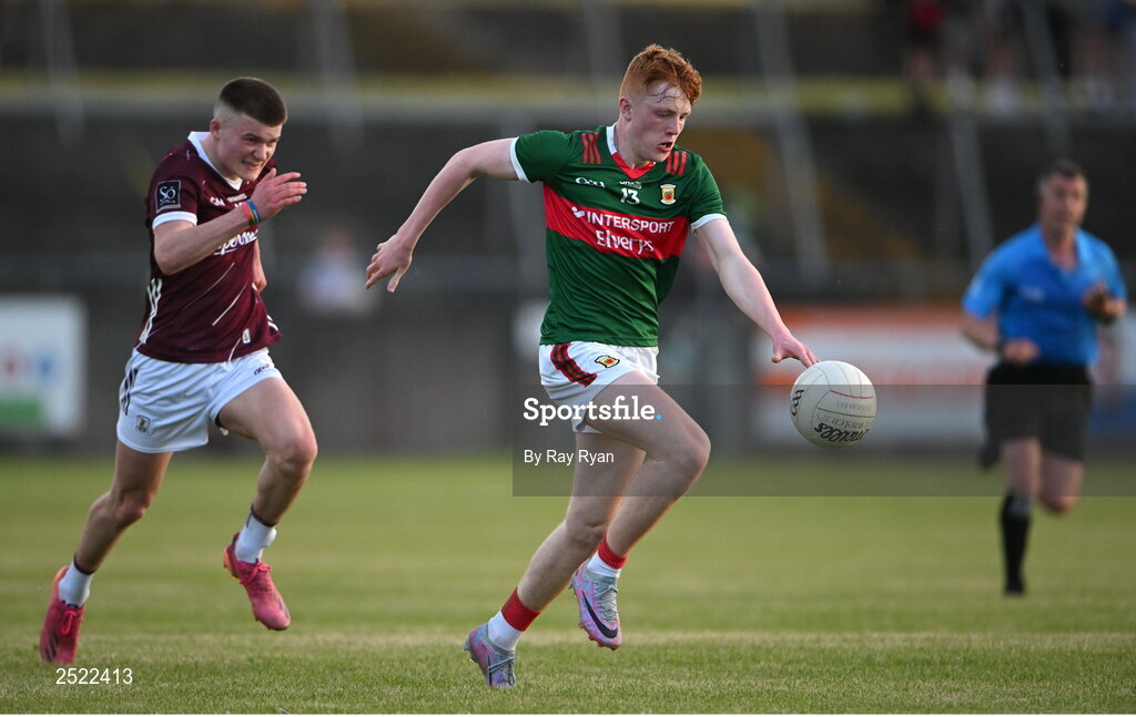 26 May 2023; Darragh Beirne of Mayo in action against Ciaran McDonagh of Galway during the 2023 Electric Ireland Connacht GAA Football Minor Championship Final between Galway and Mayo at Tuam Stadium in Galway. Photo by Ray Ryan/Sportsfile