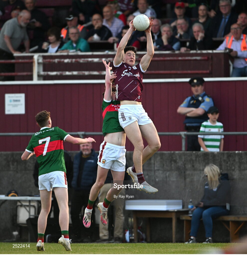 26 May 2023; Shay McGlinchey of Galway in action against Rio Mortimer of Mayo during the 2023 Electric Ireland Connacht GAA Football Minor Championship Final between Galway and Mayo at Tuam Stadium in Galway. Photo by Ray Ryan/Sportsfile