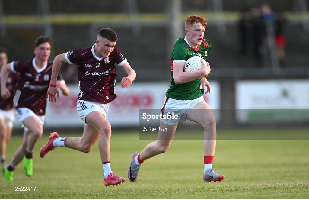 26 May 2023; Darragh Beirne of Mayo in action against Ciaran McDonagh of Galway during the 2023 Electric Ireland Connacht GAA Football Minor Championship Final between Galway and Mayo at Tuam Stadium in Galway. Photo by Ray Ryan/Sportsfile