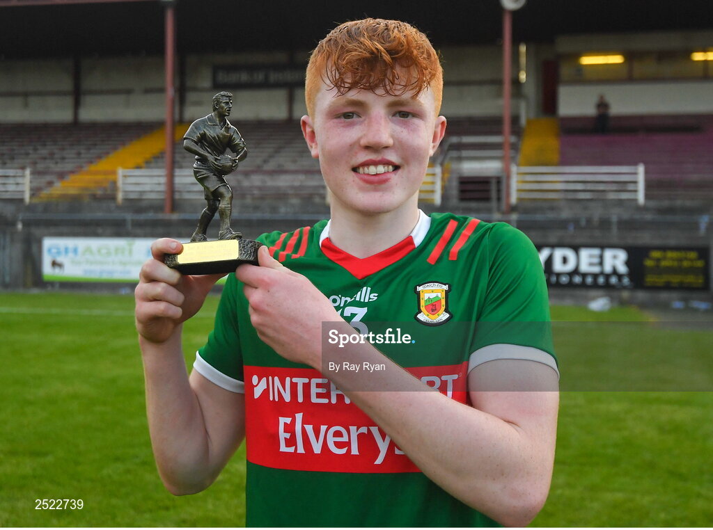 26 May 2023; Darragh Beirne of Mayo with the Electric Ireland Player of the Match award following his performance in the 2023 Electric Ireland Connacht GAA Football Minor Championship Final between Galway and Mayo at Tuam Stadium in Galway. Photo by Ray Ryan/Sportsfile