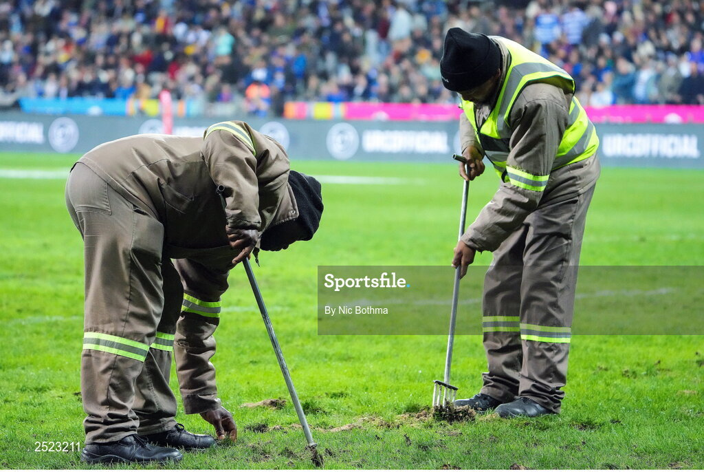 27 May 2023; Groundstaff work on the pitch before the United Rugby Championship Final match between DHL Stormers and Munster at DHL Stadium in Cape Town, South Africa. Photo by Nic Bothma/Sportsfile