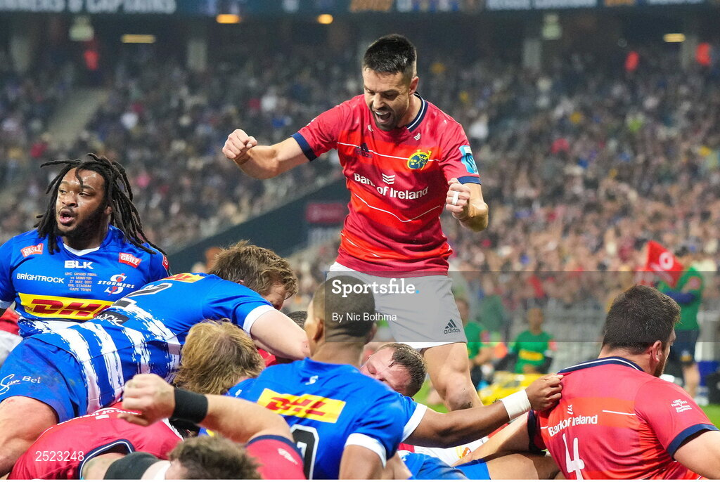 27 May 2023; Conor Murray of Munster celebrates as teammate Diarmuid Barron scores their side's frst try during the United Rugby Championship Final match between DHL Stormers and Munster at DHL Stadium in Cape Town, South Africa. Photo by Nic Bothma/Sportsfile