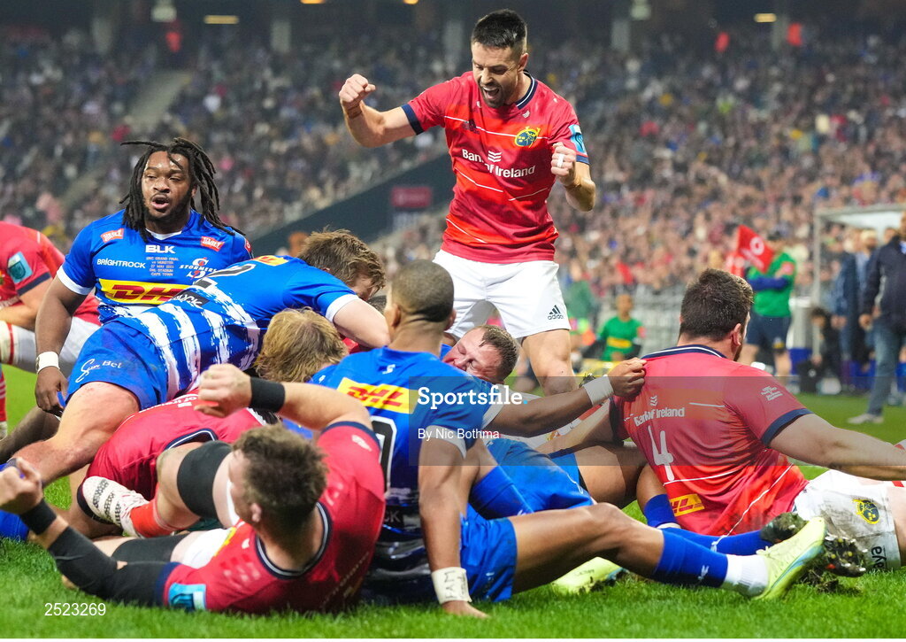 27 May 2023; Conor Murray of Munster celebrates as teammate Diarmuid Barron scores their side's frst try during the United Rugby Championship Final match between DHL Stormers and Munster at DHL Stadium in Cape Town, South Africa. Photo by Nic Bothma/Sportsfile