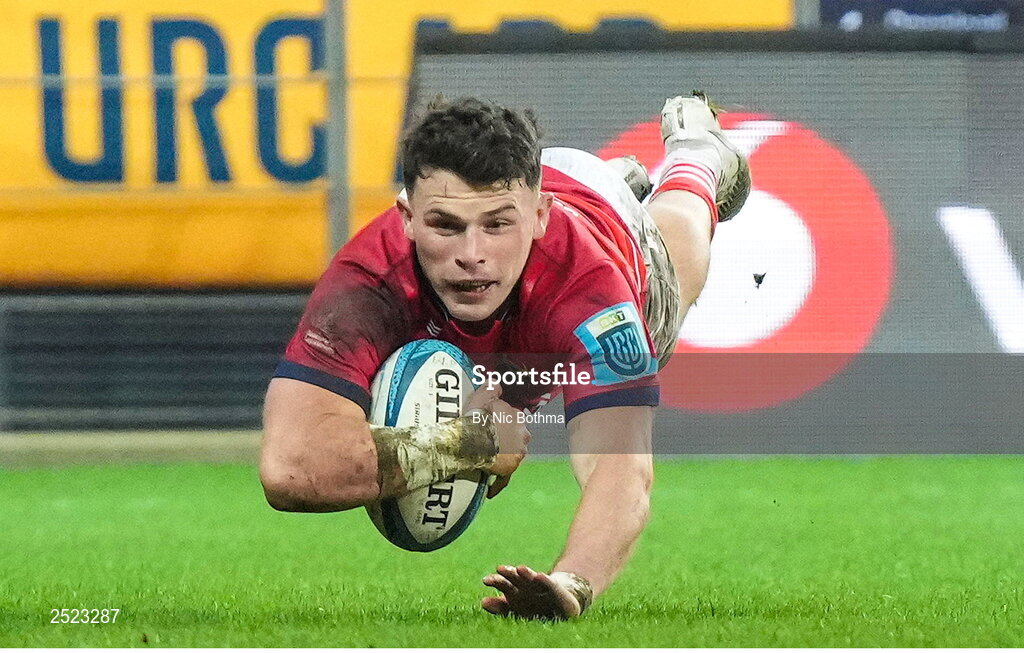 27 May 2023; Calvin Nash of Munster scores his side's scond try during the United Rugby Championship Final match between DHL Stormers and Munster at DHL Stadium in Cape Town, South Africa. Photo by Nic Bothma/Sportsfile