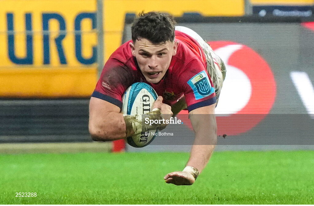 27 May 2023; Calvin Nash of Munster scores his side's scond try during the United Rugby Championship Final match between DHL Stormers and Munster at DHL Stadium in Cape Town, South Africa. Photo by Nic Bothma/Sportsfile