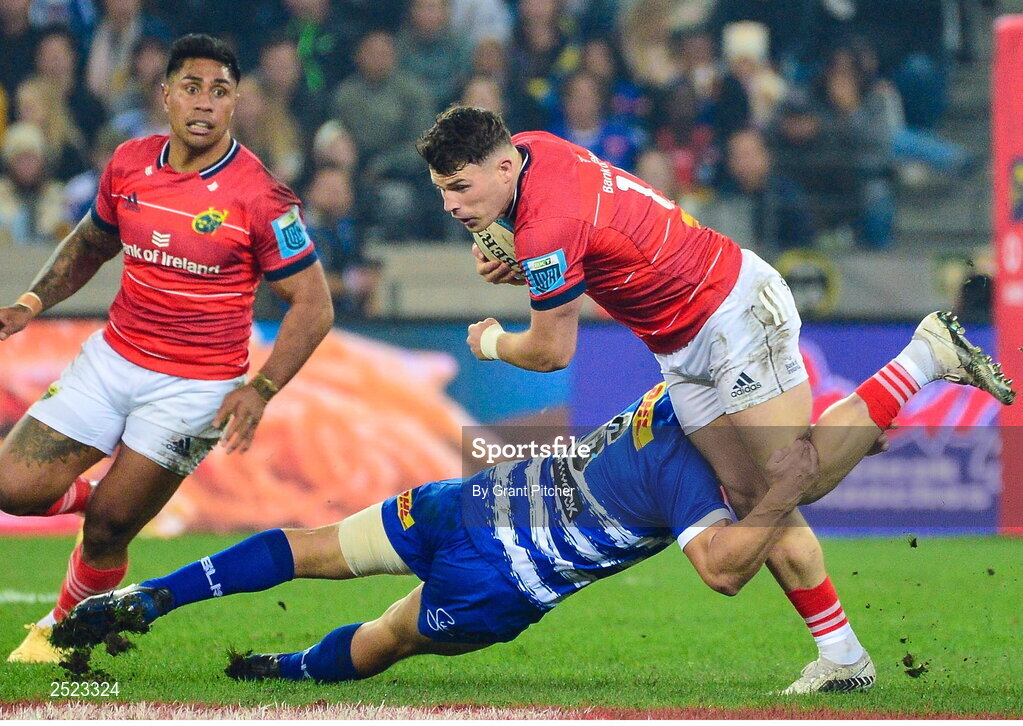 27 May 2023; Calvin Nash of Munster is tackled by Deon Fourie of DHL Stormers during the United Rugby Championship Final match between DHL Stormers and Munster at DHL Stadium in Cape Town, South Africa. Photo by Grant Pitcher/Sportsfile