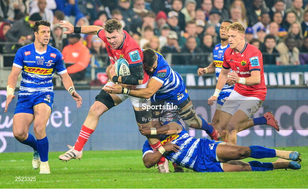 27 May 2023; Peter O'Mahony of Munster is tackled during the United Rugby Championship Final match between DHL Stormers and Munster at DHL Stadium in Cape Town, South Africa. Photo by Grant Pitcher/Sportsfile