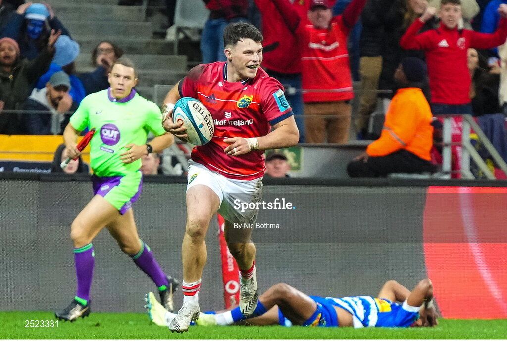 27 May 2023; Calvin Nash of Munster celebrates on the way to scoring his side's second try during the United Rugby Championship Final match between DHL Stormers and Munster at DHL Stadium in Cape Town, South Africa. Photo by Nic Bothma/Sportsfile