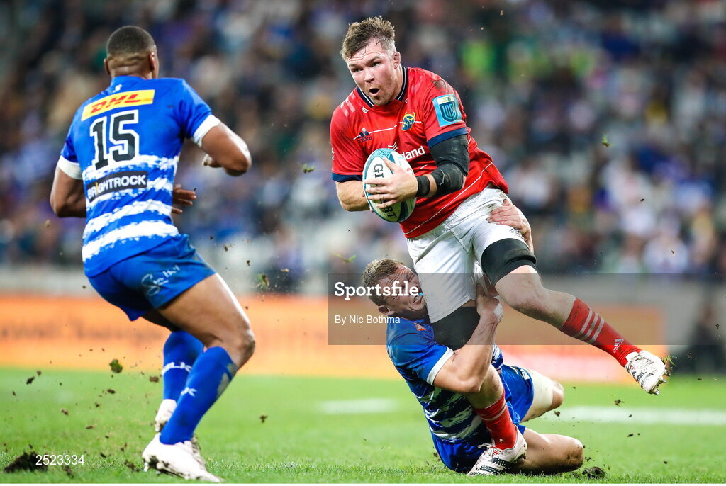 27 May 2023; Peter O'Mahony of Munster is tackled by Deon Fourie of DHL Stormers during the United Rugby Championship Final match between DHL Stormers and Munster at DHL Stadium in Cape Town, South Africa. Photo by Nic Bothma/Sportsfile