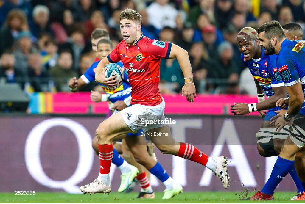 27 May 2023; Jack Crowley of Munster makes a break during the United Rugby Championship Final match between DHL Stormers and Munster at DHL Stadium in Cape Town, South Africa. Photo by Nic Bothma/Sportsfile