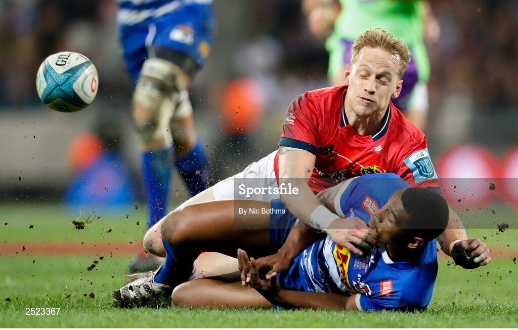27 May 2023; Mike Haley of Munster in action against Damian Willemse of DHL Stormers during the United Rugby Championship Final match between DHL Stormers and Munster at DHL Stadium in Cape Town, South Africa. Photo by Nic Bothma/Sportsfile