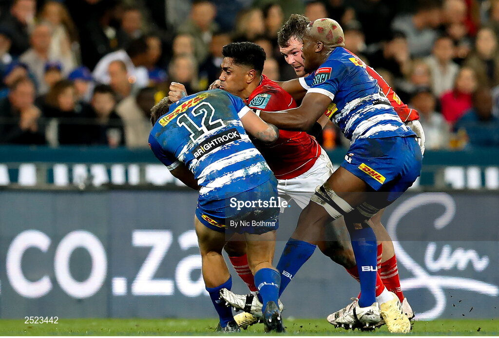 27 May 2023; Malakai Fekitoa of Munster is tackled by Dan du Plessis of DHL Stormers, left, during the United Rugby Championship Final match between DHL Stormers and Munster at DHL Stadium in Cape Town, South Africa. Photo by Nic Bothma/Sportsfile