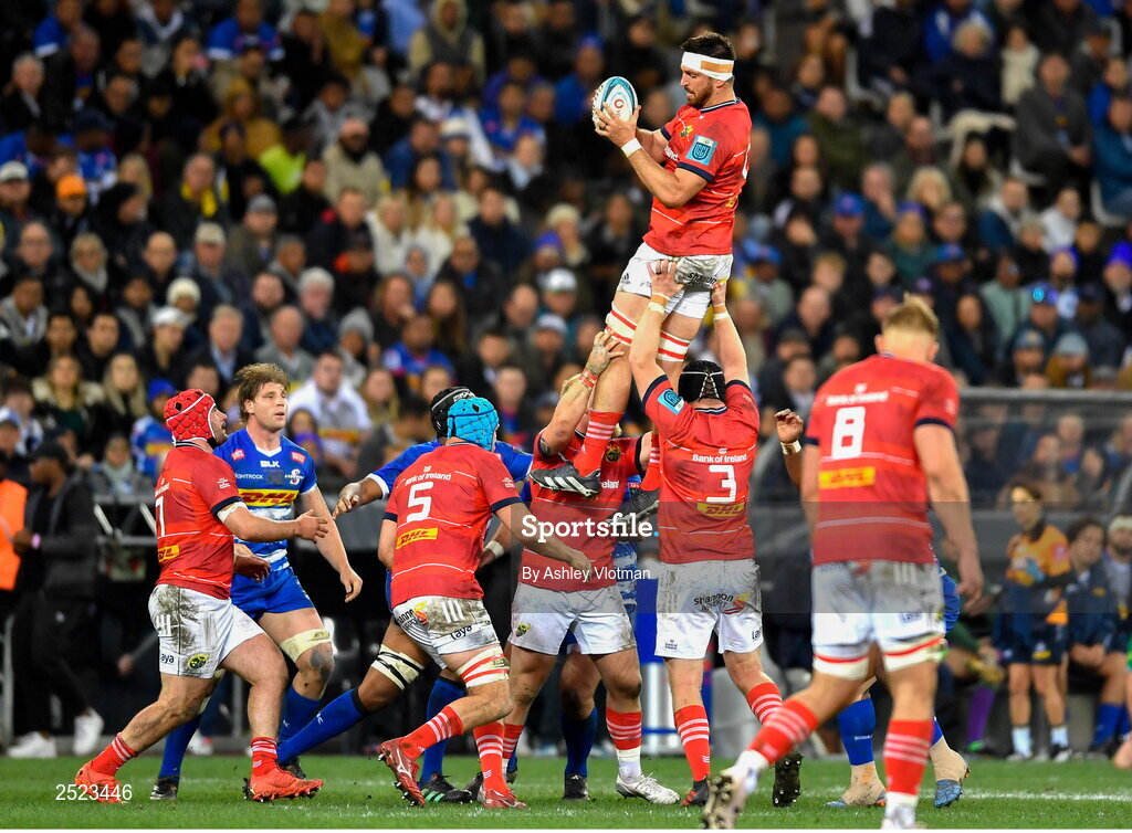 27 May 2023; Jean Kleyn of Munster wins a lineout during the United Rugby Championship Final match between DHL Stormers and Munster at DHL Stadium in Cape Town, South Africa. Photo by Ashley Vlotman/Sportsfile