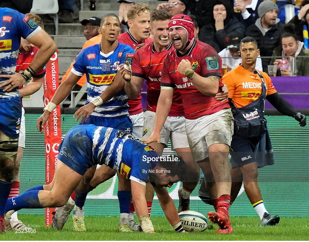 27 May 2023; John Hodnett of Munster reacts after scoring a try during the United Rugby Championship Final match between DHL Stormers and Munster at DHL Stadium in Cape Town, South Africa. Photo by Nic Bothma/Sportsfile