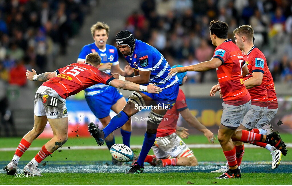 27 May 2023; Marvin Orie of DHL Stormers is tackled by Mike Haley of Munster during the United Rugby Championship Final match between DHL Stormers and Munster at DHL Stadium in Cape Town, South Africa. Photo by Ashley Vlotman/Sportsfile