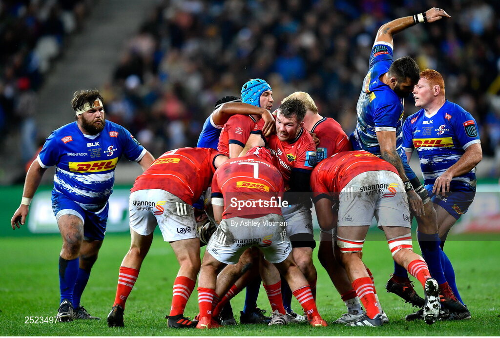 27 May 2023; Peter O'Mahony and Tadhg Beirne of Munster control a maul during the United Rugby Championship Final match between DHL Stormers and Munster at DHL Stadium in Cape Town, South Africa. Photo by Ashley Vlotman/Sportsfile
