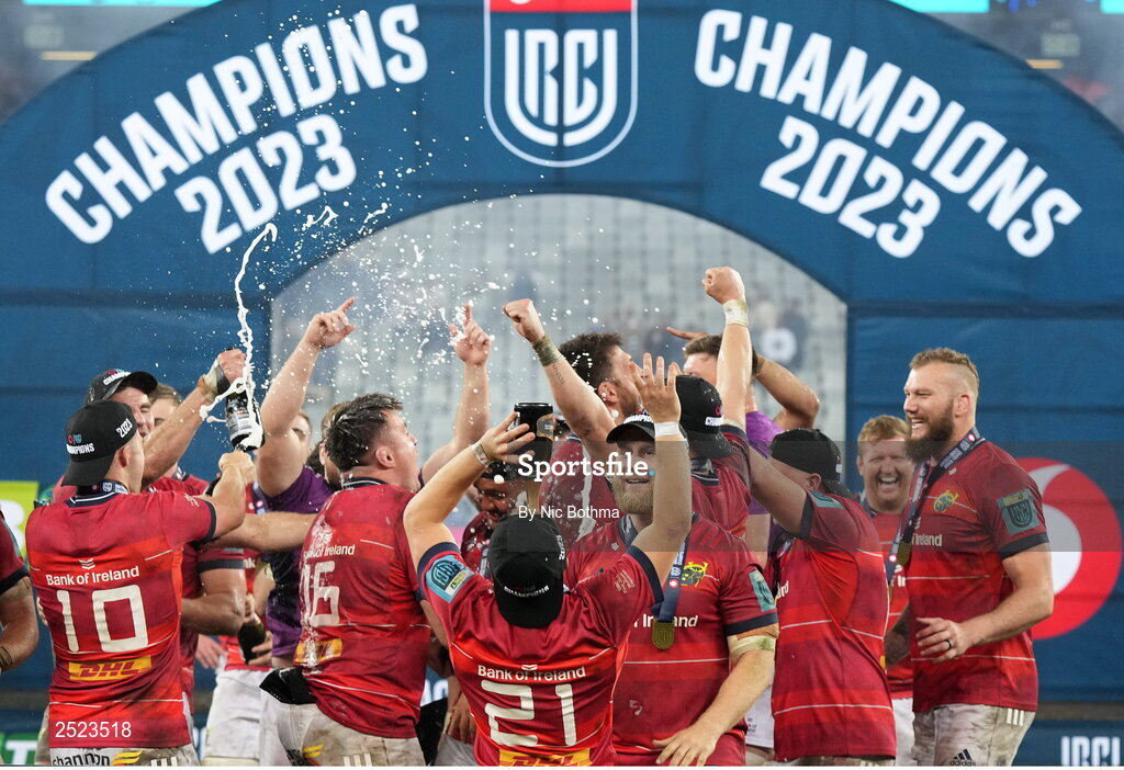 27 May 2023; Munster players Jremy Loughman and Craig Casey, 21, celebrate after winning the United Rugby Championship Final match between DHL Stormers and Munster at DHL Stadium in Cape Town, South Africa. Photo by Nic Bothma/Sportsfile