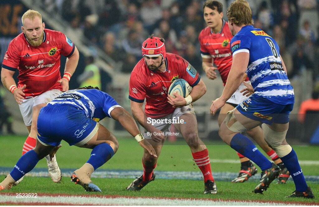 27 May 2023; John Hodnett of Munster is tackled by Joseph Dweba of DHL Stormers during the United Rugby Championship Final match between DHL Stormers and Munster at DHL Stadium in Cape Town, South Africa. Photo by Grant Pitcher/Sportsfile