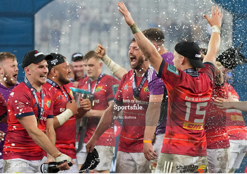 27 May 2023; Munster players Shane Daly, Jean Kleyn and Mike Haley celebrate after winning the United Rugby Championship Final match between DHL Stormers and Munster at DHL Stadium in Cape Town, South Africa. Photo by Nic Bothma/Sportsfile