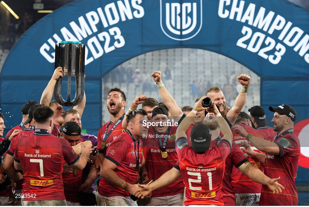 27 May 2023; Munster players, including Jean Kleyn, Niall Scannell, Josh Wycherley, Craig Casey, RG Snyman and Diarmuid Barron celebrate after winning the United Rugby Championship Final match between DHL Stormers and Munster at DHL Stadium in Cape Town, South Africa. Photo by Nic Bothma/Sportsfile