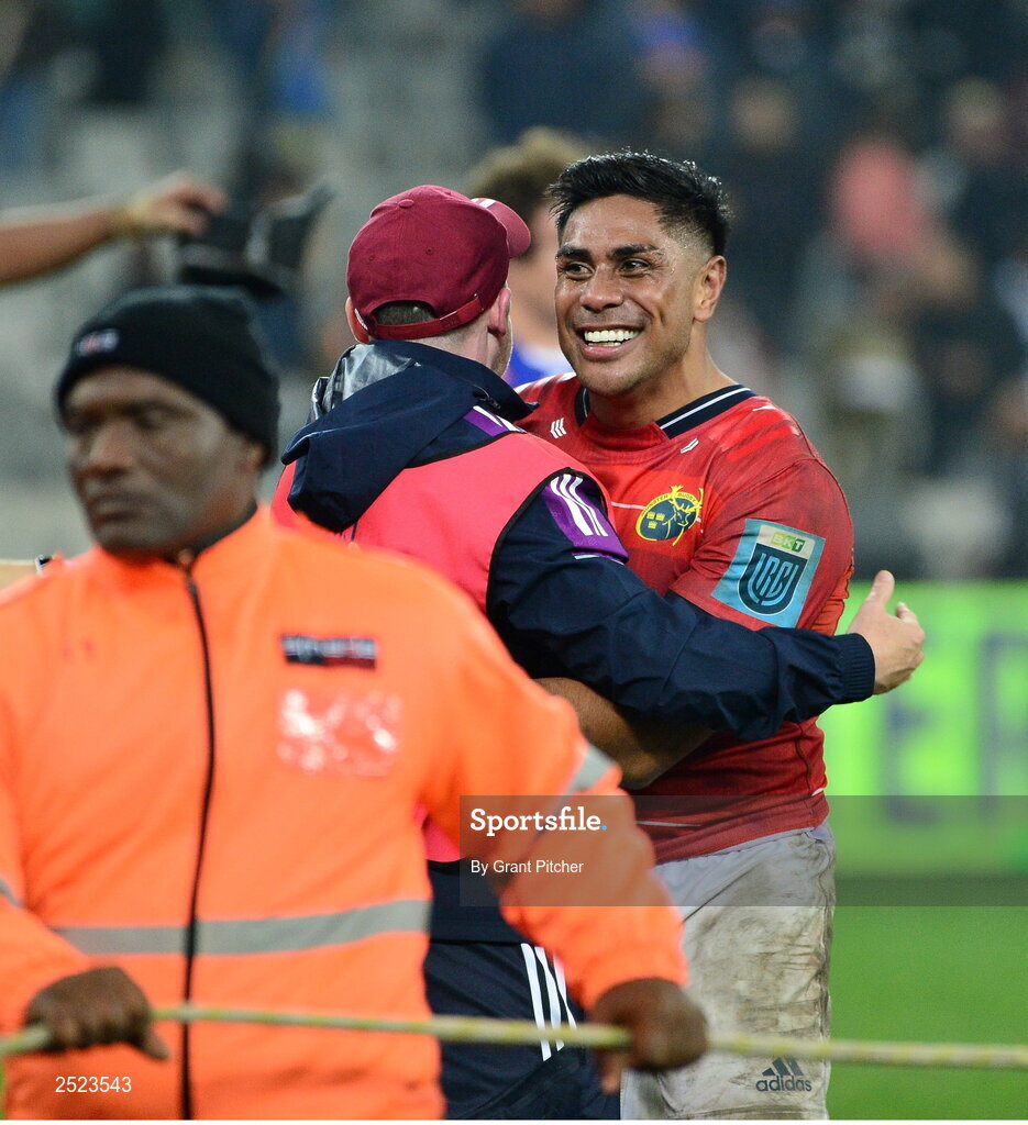 27 May 2023; Malakai Fekitoa of Munster, right, celebrates after the United Rugby Championship Final match between DHL Stormers and Munster at DHL Stadium in Cape Town, South Africa. Photo by Grant Pitcher/Sportsfile