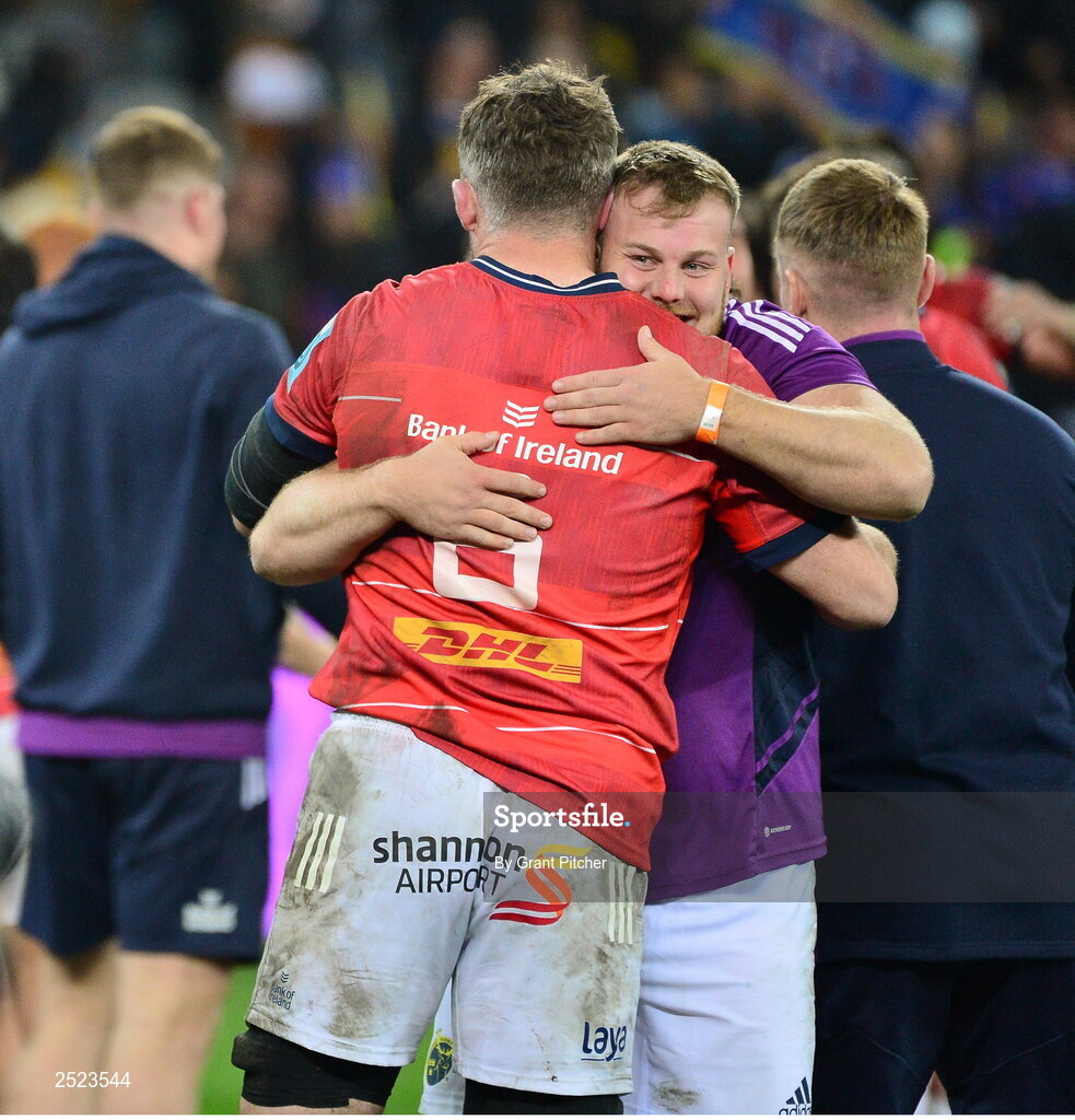 27 May 2023; Scott Buckley, right, and Peter O'Mahony of Munster celebrate after the United Rugby Championship Final match between DHL Stormers and Munster at DHL Stadium in Cape Town, South Africa. Photo by Grant Pitcher/Sportsfile