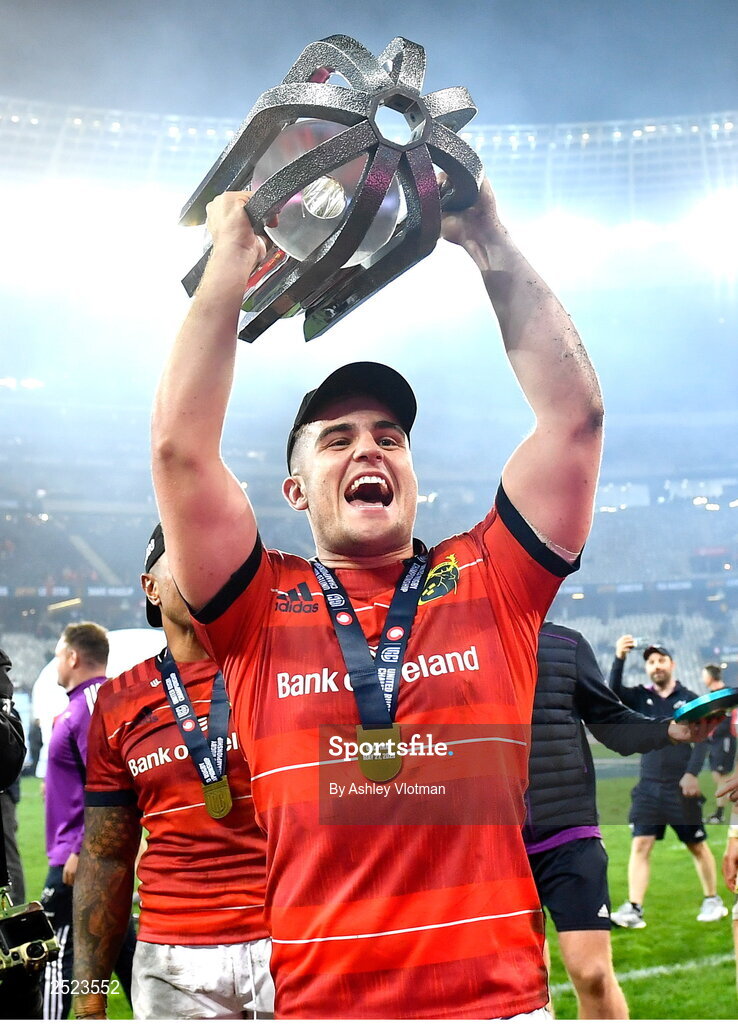 27 May 2023; Alex Kendellen of Munster celebrates with the trophy after the United Rugby Championship Final match between DHL Stormers and Munster at DHL Stadium in Cape Town, South Africa. Photo by Ashley Vlotman/Sportsfile