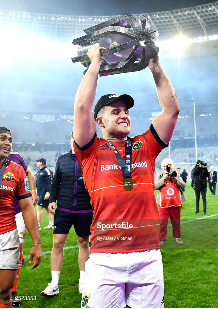 27 May 2023; Alex Kendellen of Munster celebrates with the trophy after the United Rugby Championship Final match between DHL Stormers and Munster at DHL Stadium in Cape Town, South Africa. Photo by Ashley Vlotman/Sportsfile