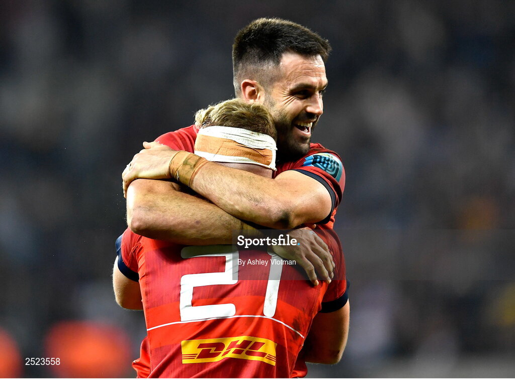 27 May 2023; Munster players Conor Murray and Craig Casey celebrate at the final whistle of the United Rugby Championship Final match between DHL Stormers and Munster at DHL Stadium in Cape Town, South Africa. Photo by Ashley Vlotman/Sportsfile