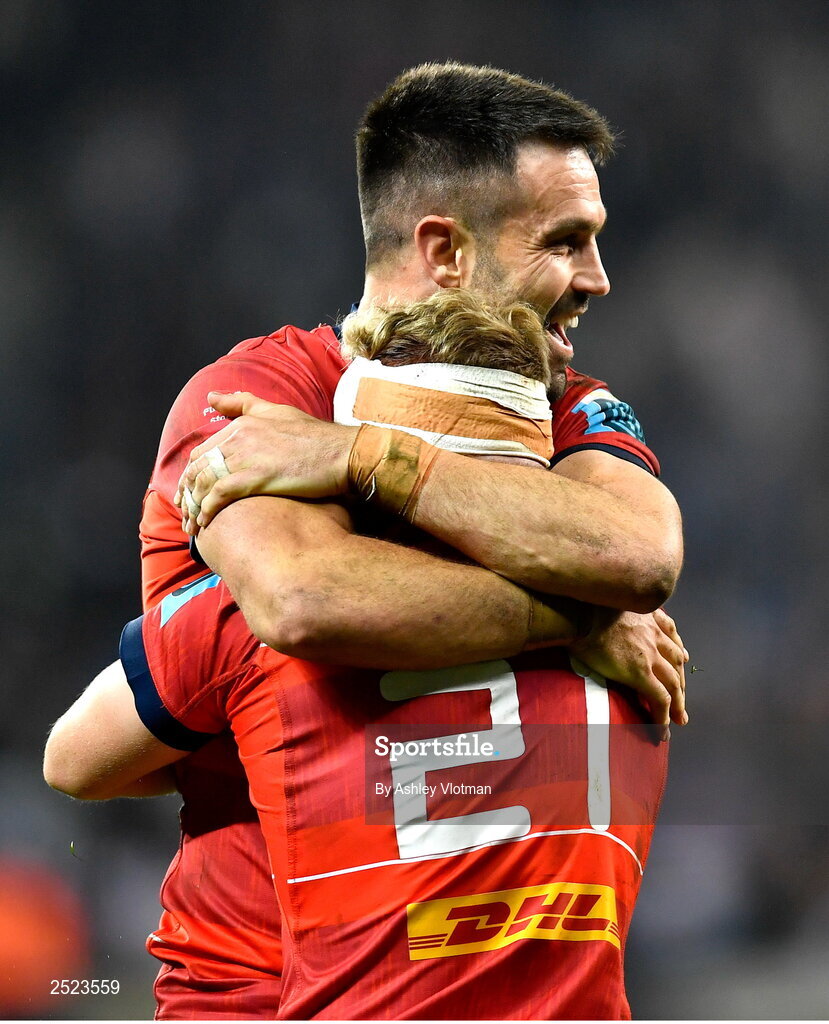 27 May 2023; Munster players Conor Murray and Craig Casey celebrate at the final whistle of the United Rugby Championship Final match between DHL Stormers and Munster at DHL Stadium in Cape Town, South Africa. Photo by Ashley Vlotman/Sportsfile