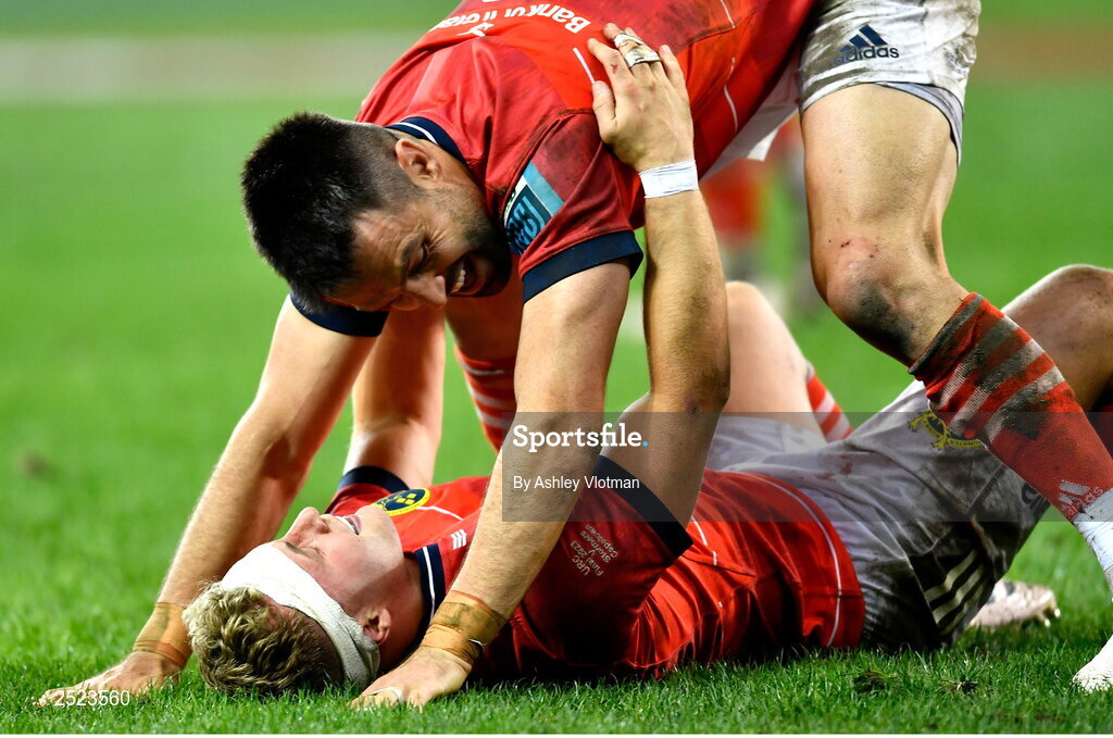 27 May 2023; Munster players Conor Murray and Craig Casey celebrate at the final whistle of the United Rugby Championship Final match between DHL Stormers and Munster at DHL Stadium in Cape Town, South Africa. Photo by Ashley Vlotman/Sportsfile