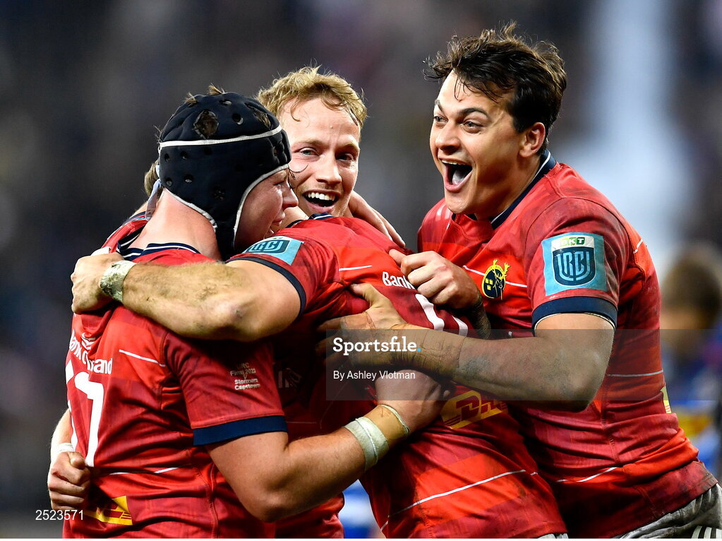 27 May 2023; Munster players, from left, Josh Wycherley, Mike Haley, Shane Daly and Antoine Frisch celebrate at the final whistle of the United Rugby Championship Final match between DHL Stormers and Munster at DHL Stadium in Cape Town, South Africa. Photo by Ashley Vlotman/Sportsfile