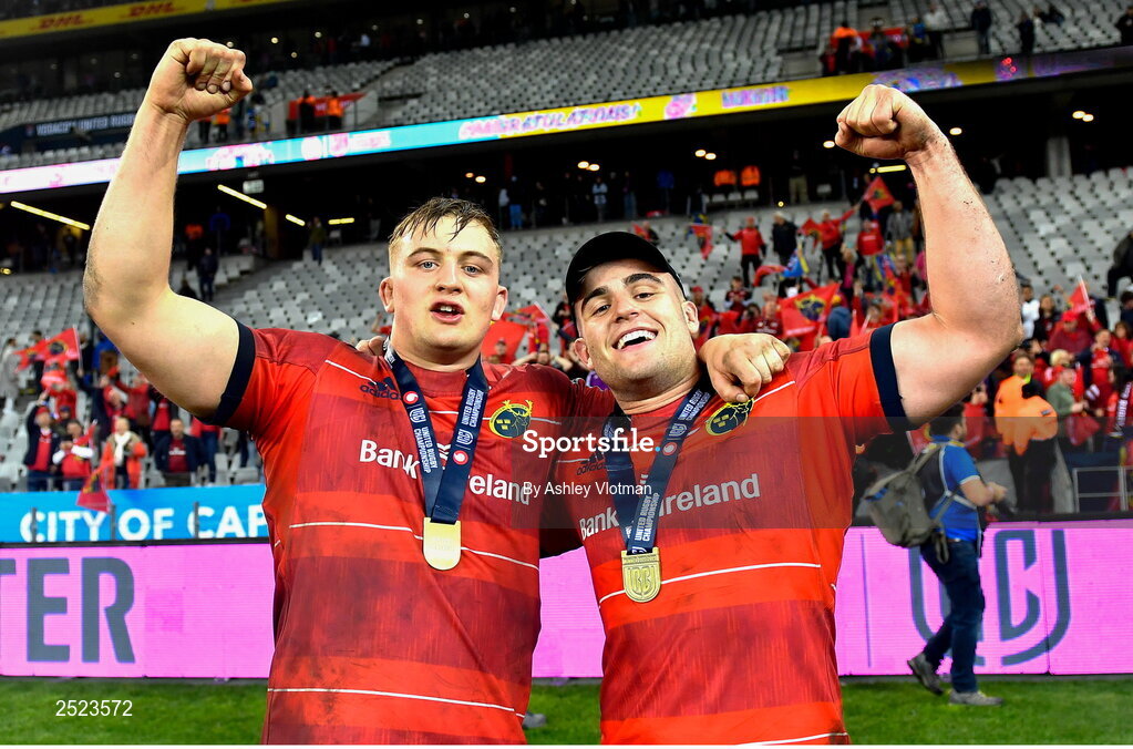 27 May 2023; Munster players Gavin Coombes, left, and Alex Kendellen celebrate after the United Rugby Championship Final match between DHL Stormers and Munster at DHL Stadium in Cape Town, South Africa. Photo by Ashley Vlotman/Sportsfile