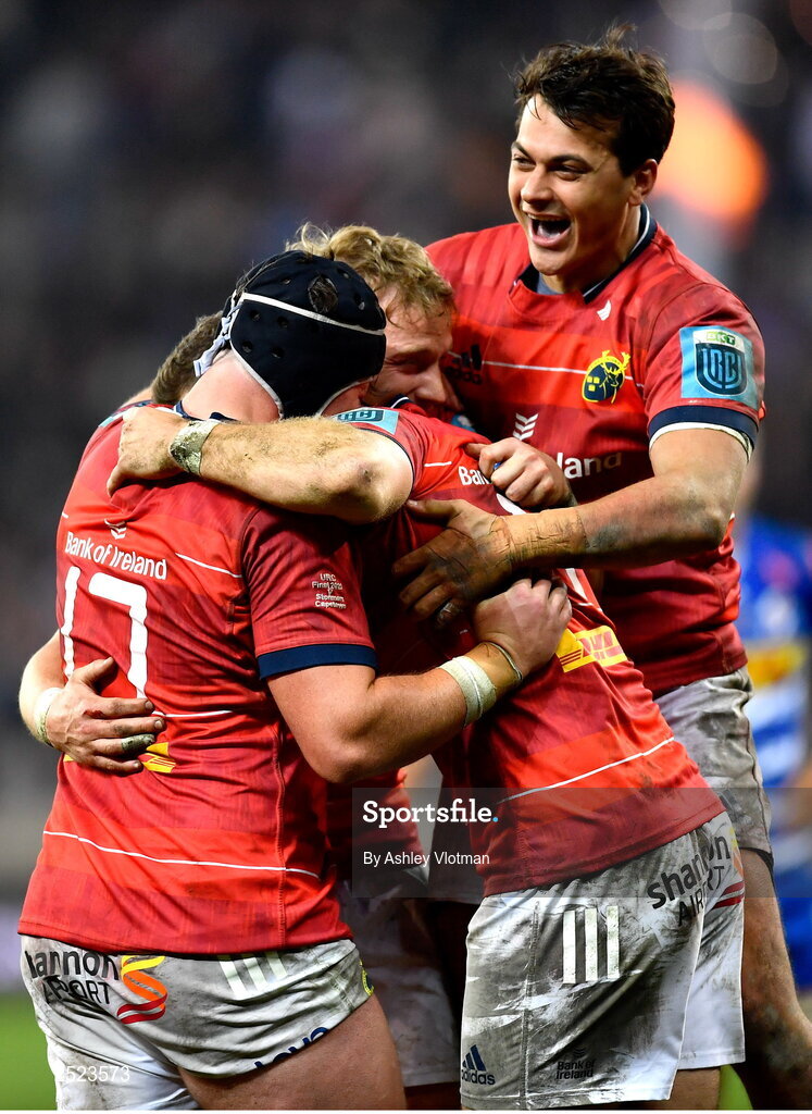 27 May 2023; Munster players, from left, Josh Wycherley, Mike Haley, Shane Daly and Antoine Frisch celebrate at the final whistle of the United Rugby Championship Final match between DHL Stormers and Munster at DHL Stadium in Cape Town, South Africa. Photo by Ashley Vlotman/Sportsfile