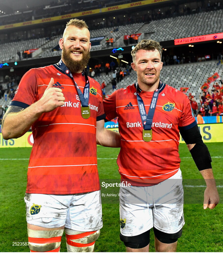 27 May 2023; Munster players RG Snyman, left, and captain Peter O'Mahony celebrate after the United Rugby Championship Final match between DHL Stormers and Munster at DHL Stadium in Cape Town, South Africa. Photo by Ashley Vlotman/Sportsfile