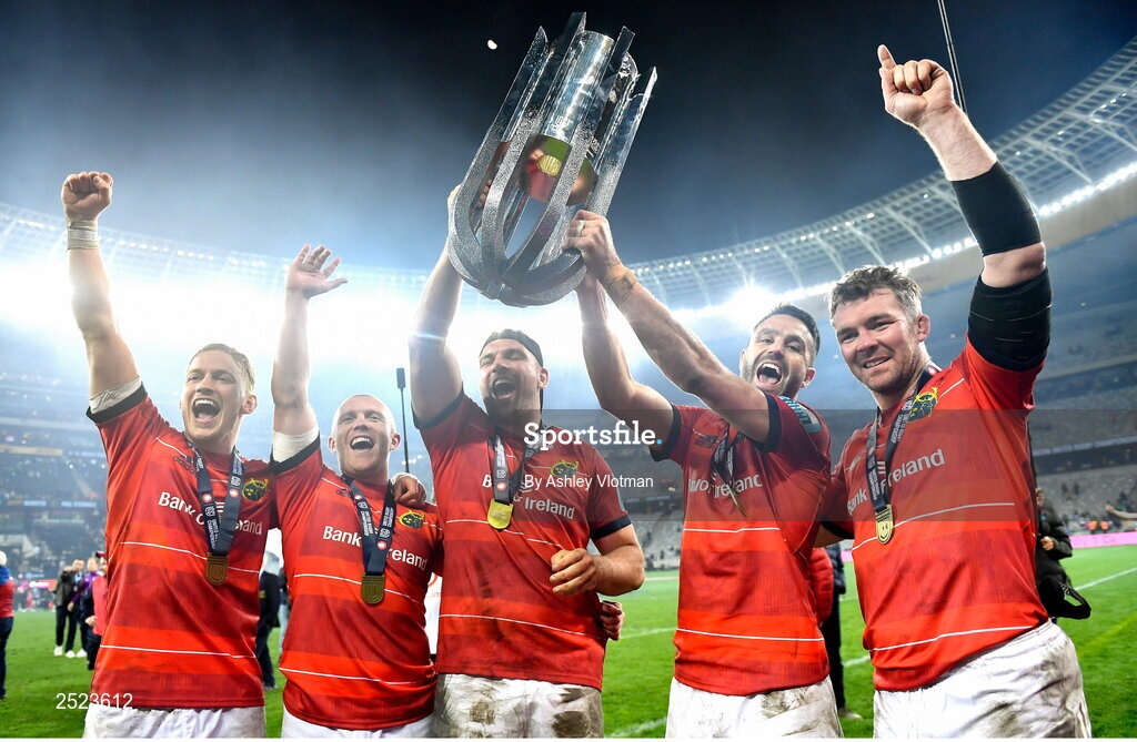 27 May 2023; Munster players, from left, Mike Haley, Keith Earls, Tadhg Beirne, Conor Murray and captain Peter O'Mahony celebrate with the trophy after the United Rugby Championship Final match between DHL Stormers and Munster at DHL Stadium in Cape Town, South Africa. Photo by Ashley Vlotman/Sportsfile