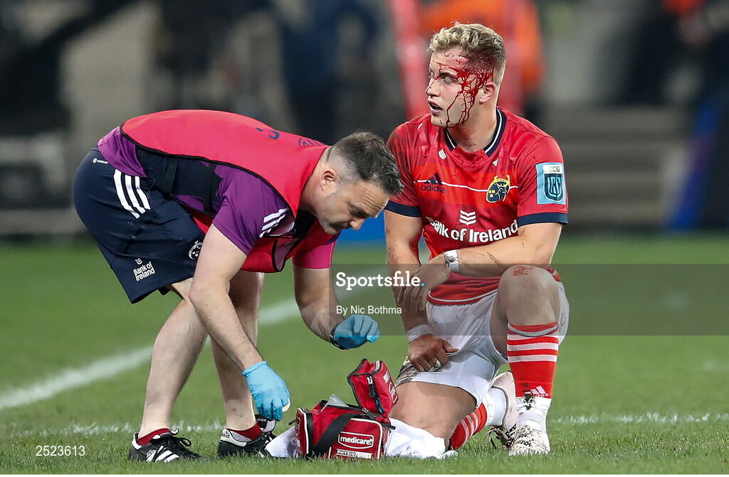 27 May 2023; Craig Casey of Munster receives medical attention during the United Rugby Championship Final match between DHL Stormers and Munster at DHL Stadium in Cape Town, South Africa. Photo by Nic Bothma/Sportsfile