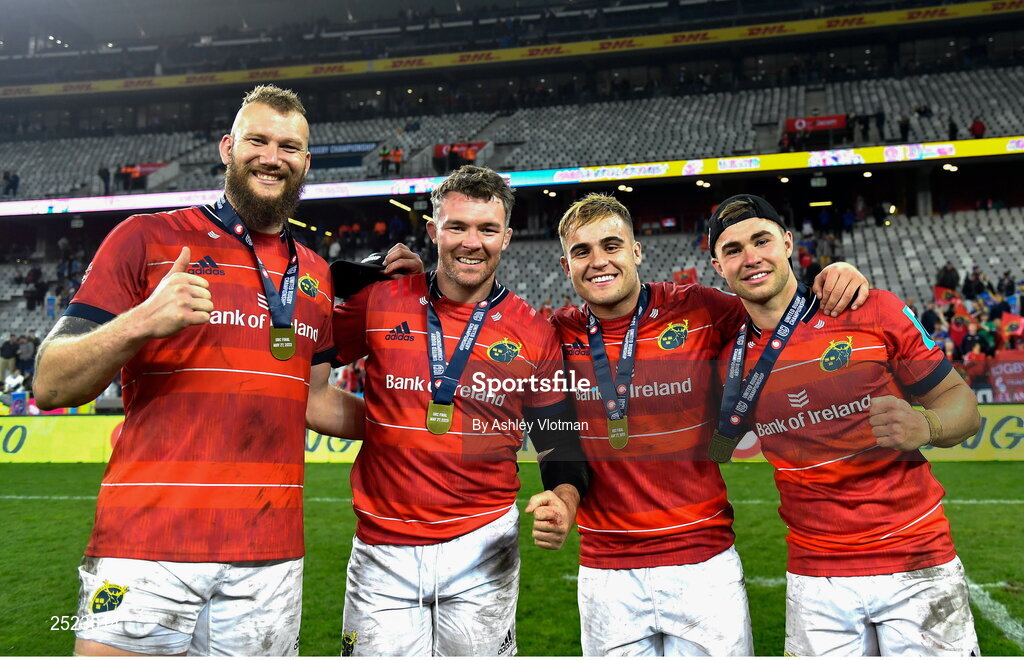 27 May 2023; Munster players, from left, RG Snyman, Peter O'Mahony, Alex Kendellen and Jack Crowley celebrate after the United Rugby Championship Final match between DHL Stormers and Munster at DHL Stadium in Cape Town, South Africa. Photo by Ashley Vlotman/Sportsfile