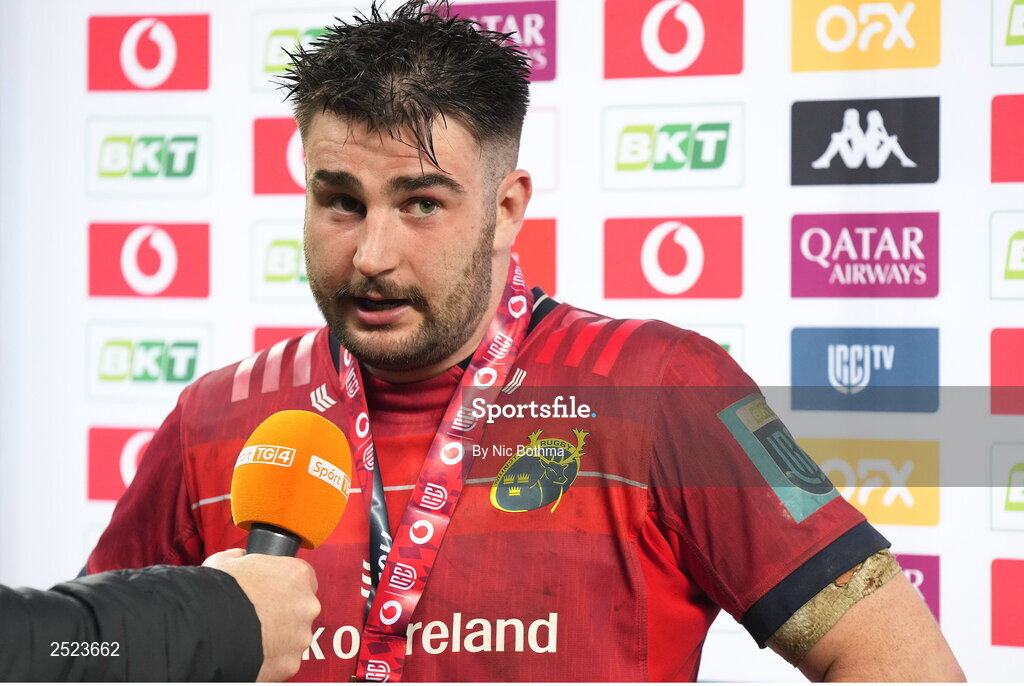 27 May 2023; Man of the match John Hodnett of Munster is interviewed after the United Rugby Championship Final match between DHL Stormers and Munster at DHL Stadium in Cape Town, South Africa. Photo by Nic Bothma/Sportsfile