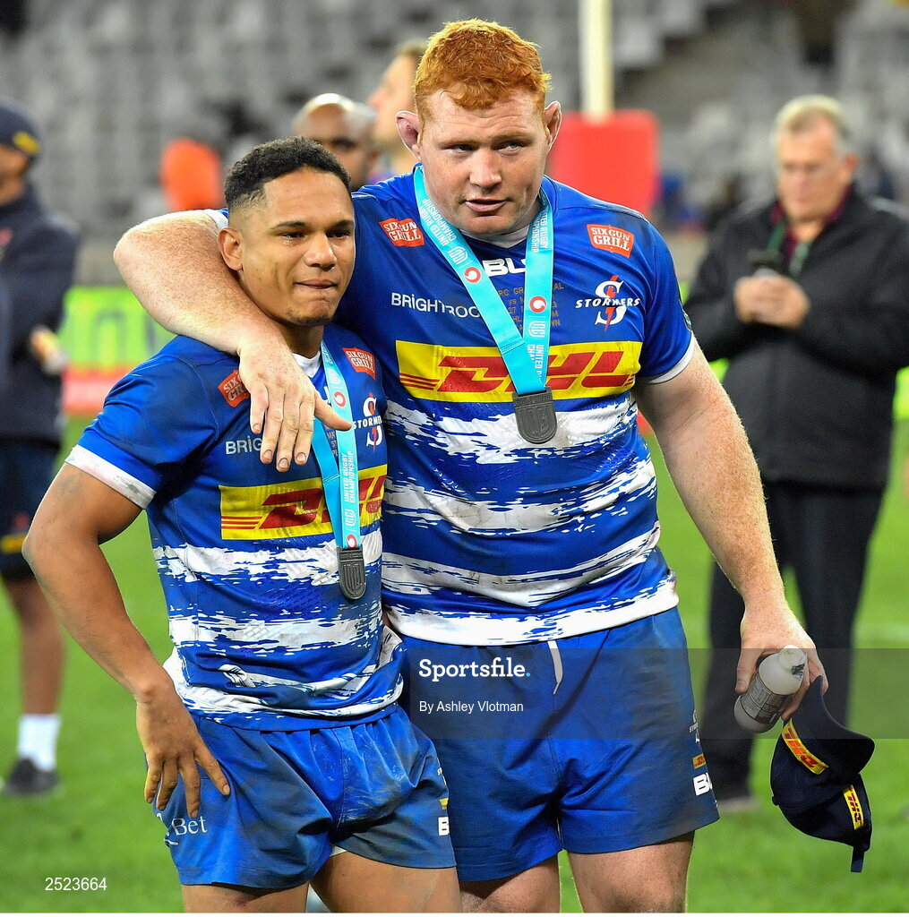 27 May 2023; Dejected DHL Stormers players, Herschel Jantjies, left, and Steven Kitshoff after the United Rugby Championship Final match between DHL Stormers and Munster at DHL Stadium in Cape Town, South Africa. Photo by Ashley Vlotman/Sportsfile