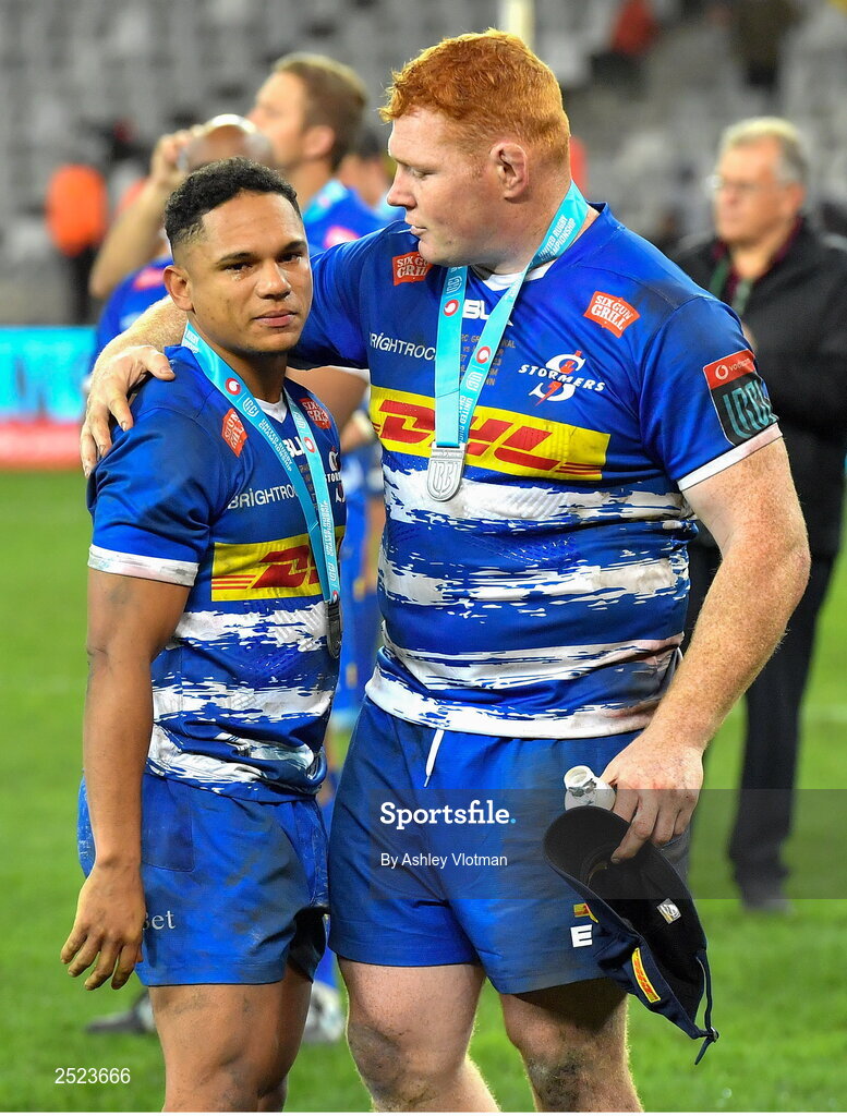 27 May 2023; Dejected DHL Stormers players, Herschel Jantjies, left, and Steven Kitshoff after the United Rugby Championship Final match between DHL Stormers and Munster at DHL Stadium in Cape Town, South Africa. Photo by Ashley Vlotman/Sportsfile
